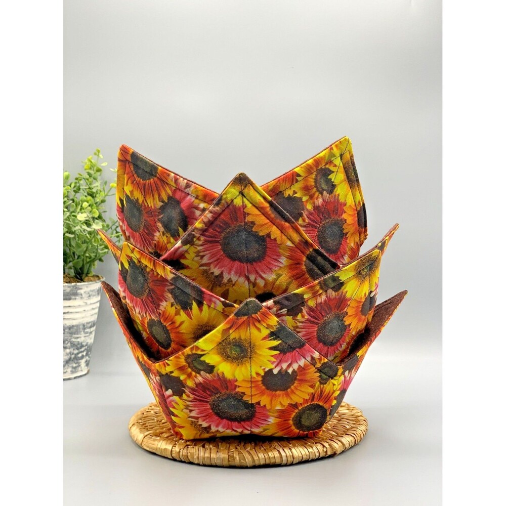 Lot of 5 Microwave Soup Bowl Cozy: Yellow Pink Red Brown Reversible Bowl Cozy